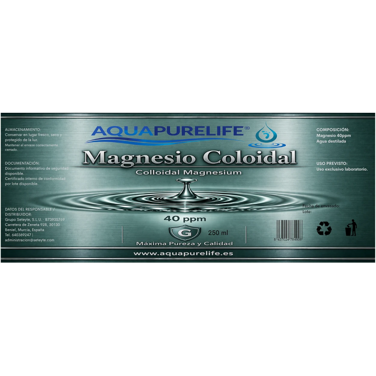 Magnesio coloidal 40 ppm en vidrio ámbar – Aquapurelife (vista 2)
