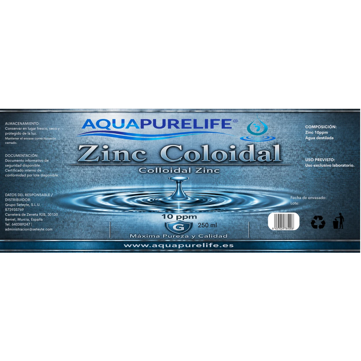 Zinc coloidal 10 ppm en vidrio ámbar – Aquapurelife (vista 2)