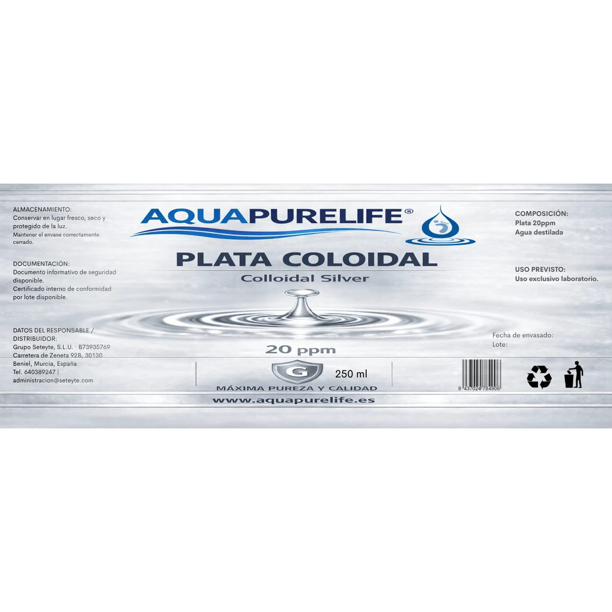 Plata coloidal 20 ppm en vidrio ámbar – Aquapurelife (vista 2)