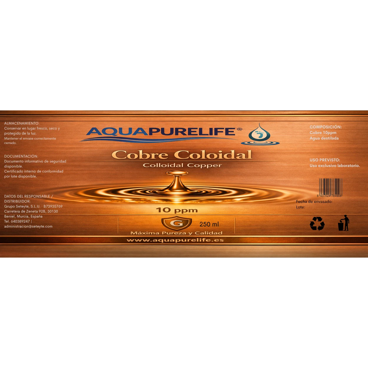 Cobre coloidal 10 ppm en vidrio ámbar – Aquapurelife (vista 2)