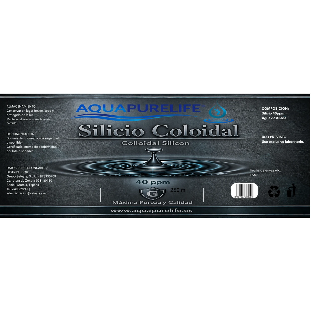 Silicio coloidal 40 ppm en vidrio ámbar – Aquapurelife (vista 2)
