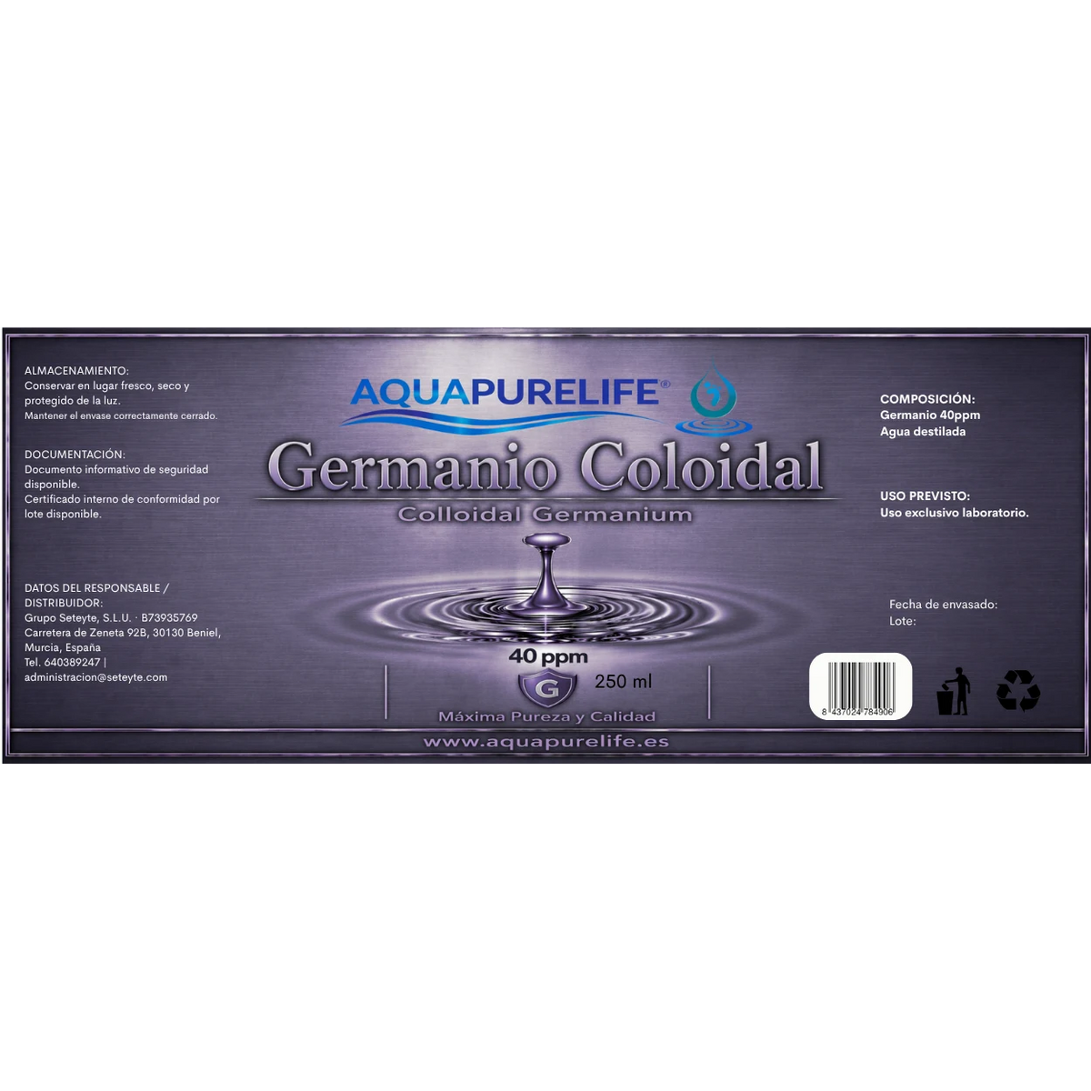 Germanio coloidal 40 ppm en vidrio ámbar – Aquapurelife (vista 2)