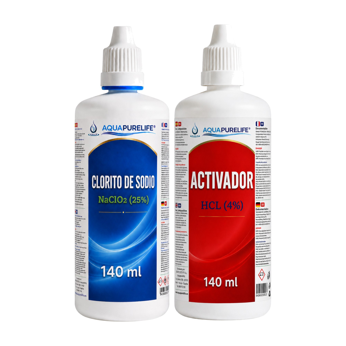 Kit clorito de sodio 25 % + activador HCl 4 % en HDPE – Aquapurelife