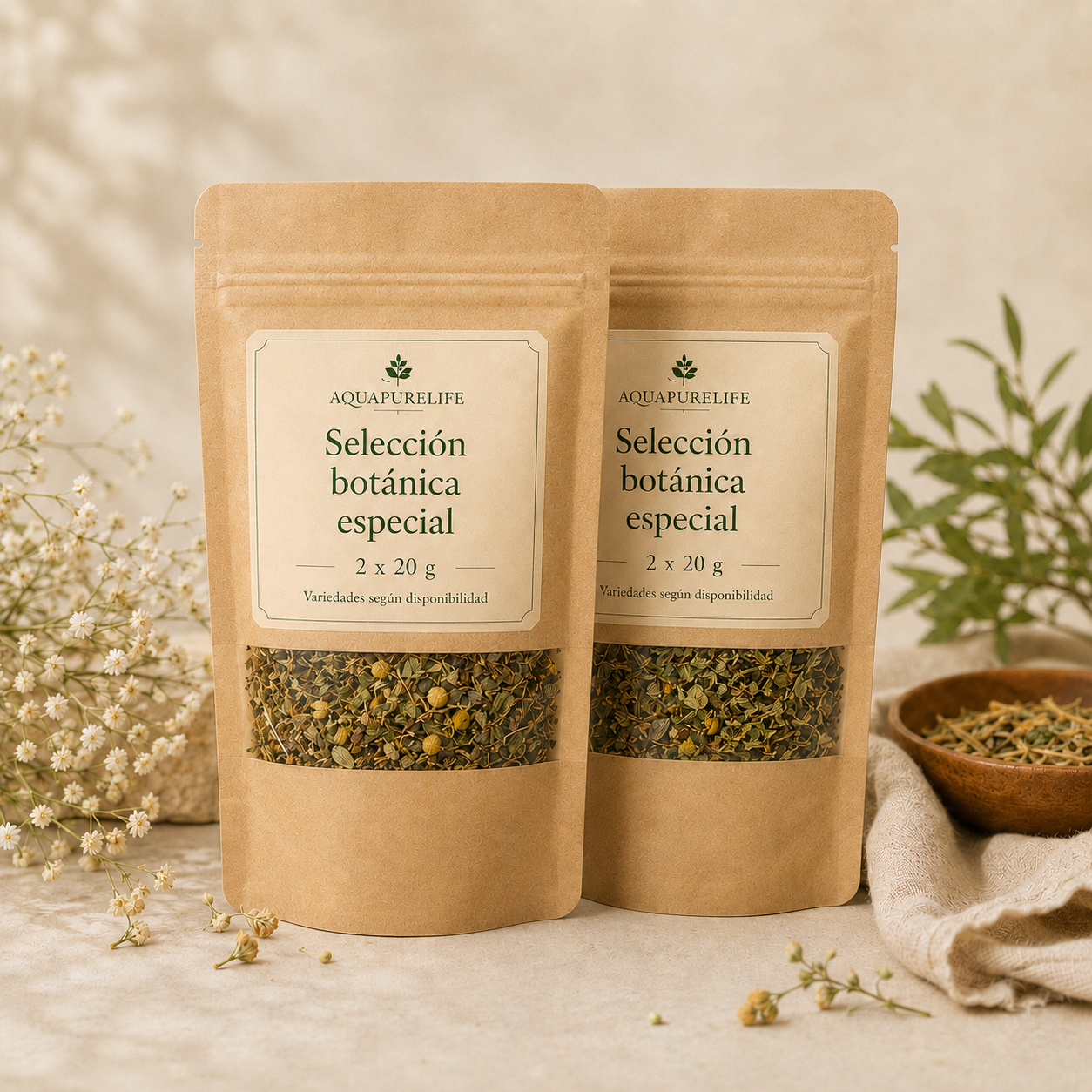 Detalle Aquapurelife Especial · Selección botánica 2 x 20 g