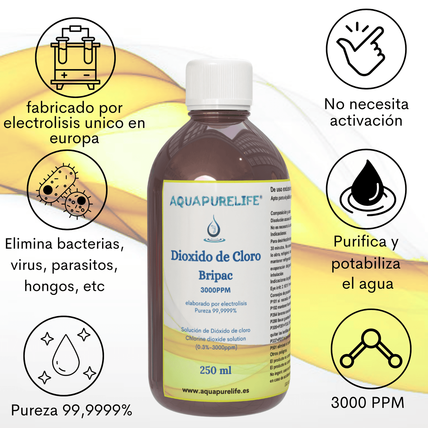 Botella de dióxido de cloro 3000 ppm en vidrio ámbar – Aquapurelife