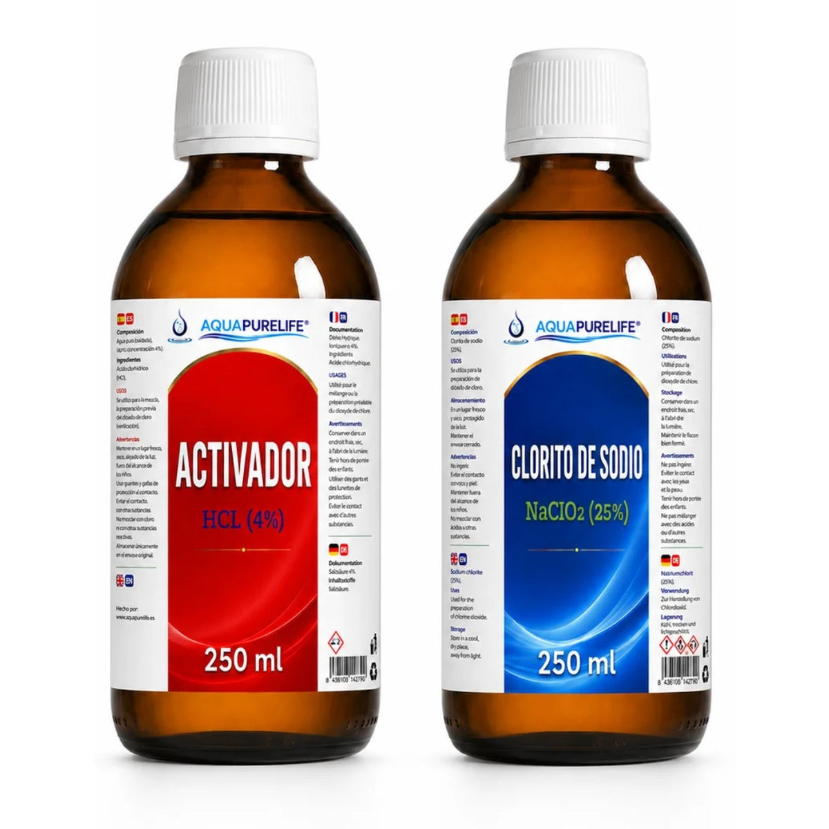 Sodium chlorite 25% + HCl 4% activator kit in 250 ml amber glass bottles – Aquapurelife