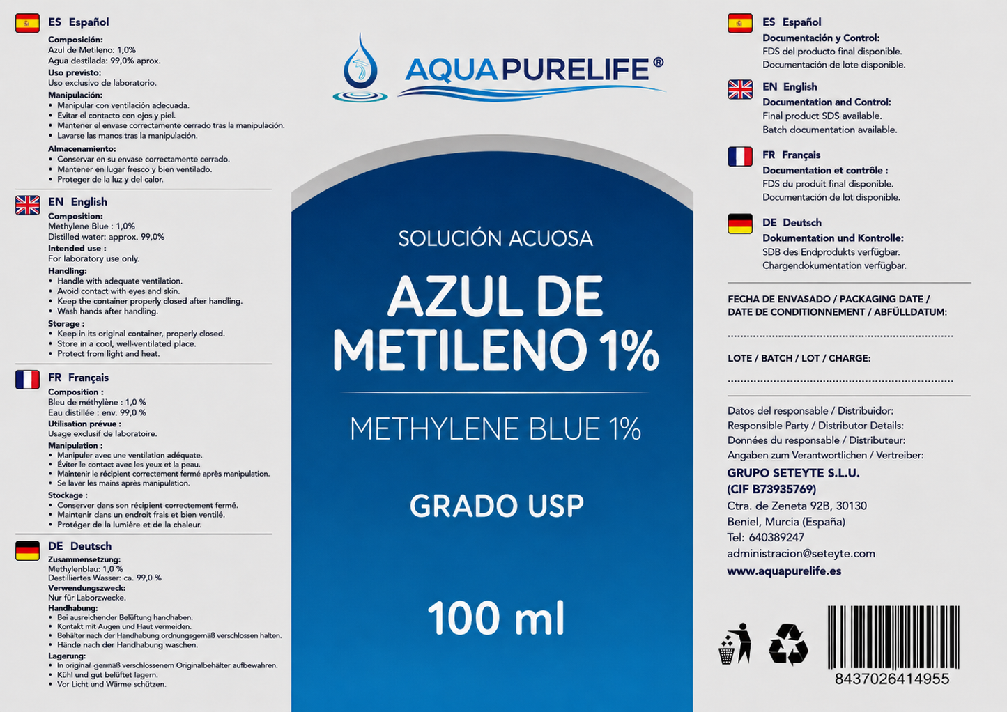 Bleu de méthylène 1 % | Verre bleu avec compte-gouttes | Aquapurelife