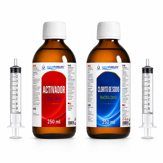 Kit Generación ClO2 Completo: kit clorito de sodio 25 % + activador 250 ml en vidrio Aquapurelife