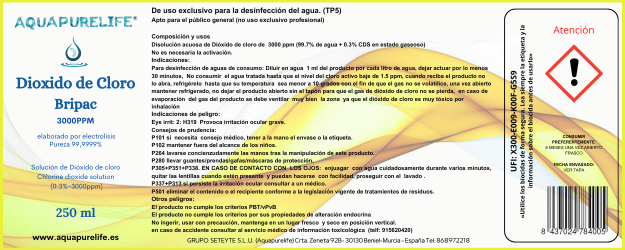 Dióxido  de cloro 250 ml botella de cristal elaborado por electrolisis pureza del 99,9999%