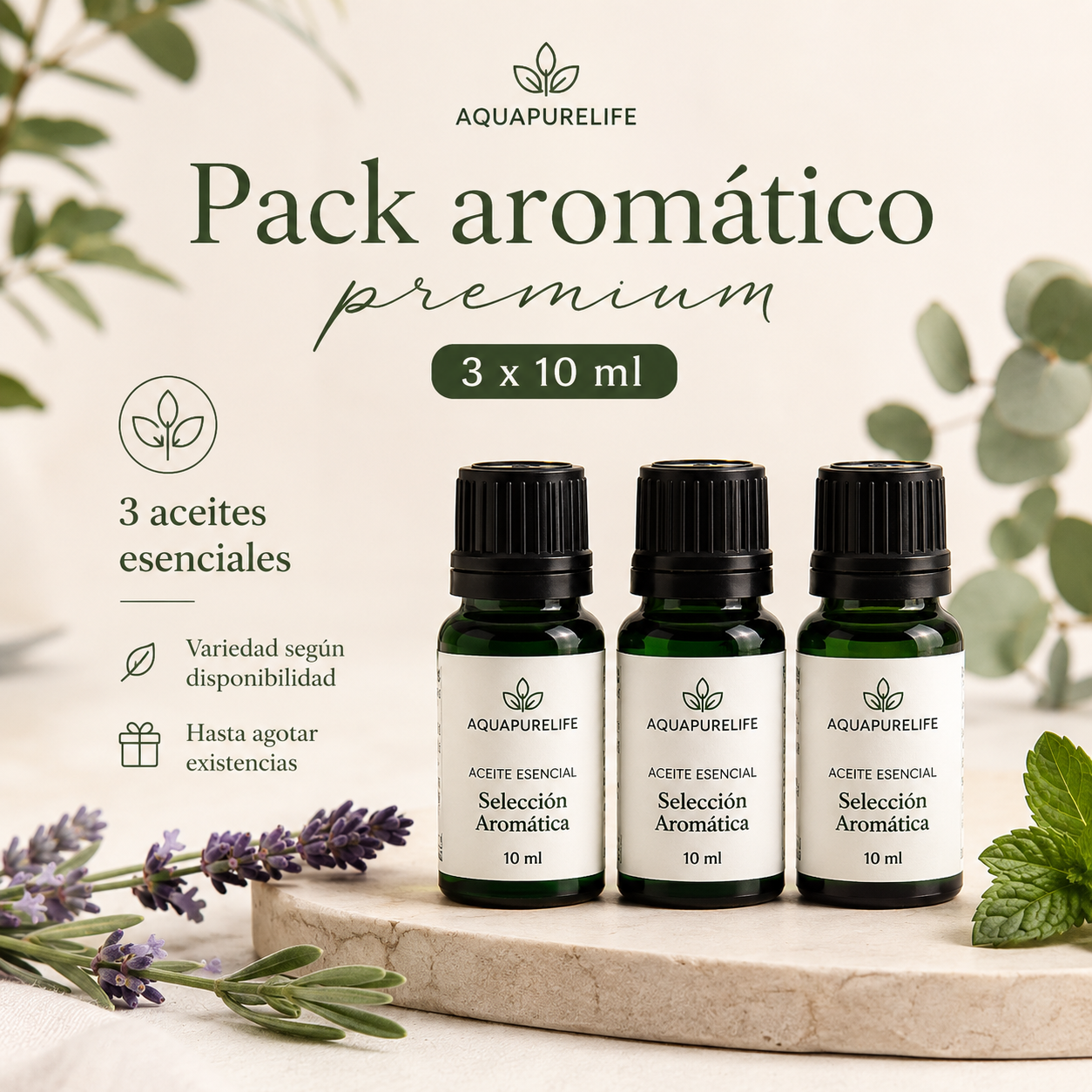Detalle Aquapurelife premiun  · Pack aromático 3 x 10 ml