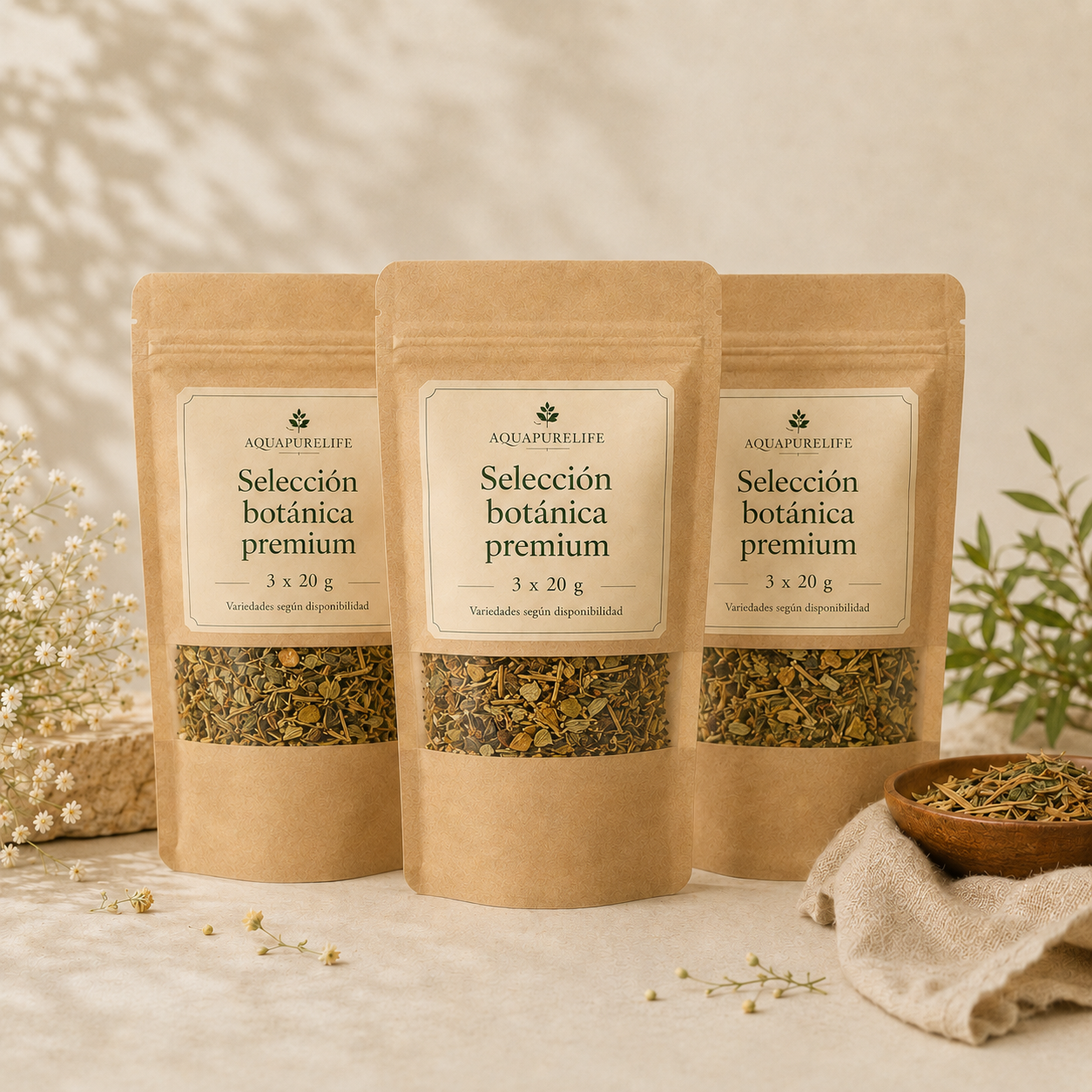 Detalle Aquapurelife · Pack botánico premium 3 x 20 g