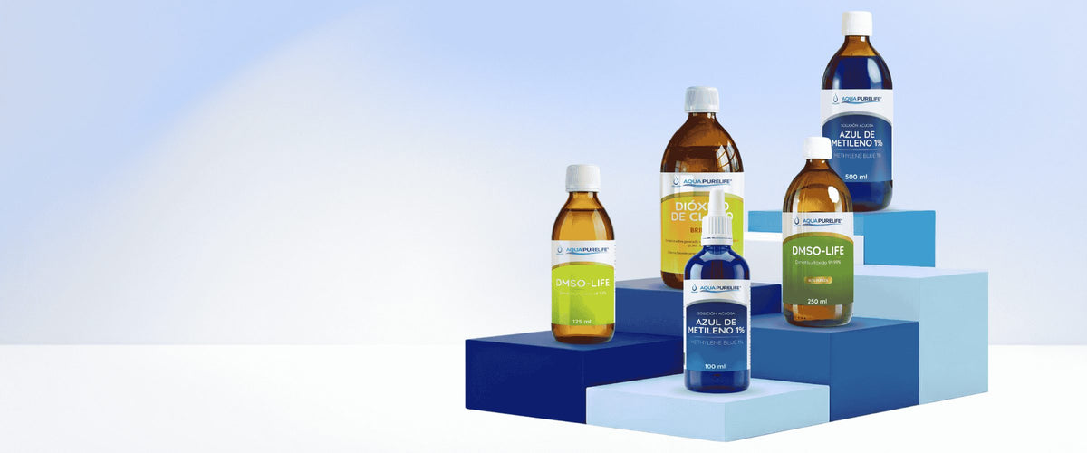 Gama Aquapurelife: DMSO, dióxido de cloro y azul de metileno en vidrio ámbar