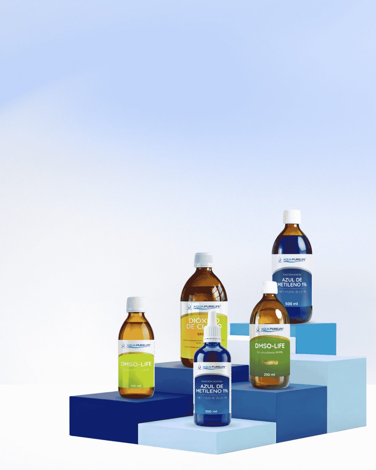 Gama Aquapurelife: DMSO, dióxido de cloro y azul de metileno en vidrio ámbar