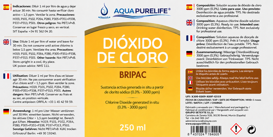 Kit Tratamiento de Agua: dióxido de cloro 3000 ppm 250 ml en vidrio ámbar Aquapurelife