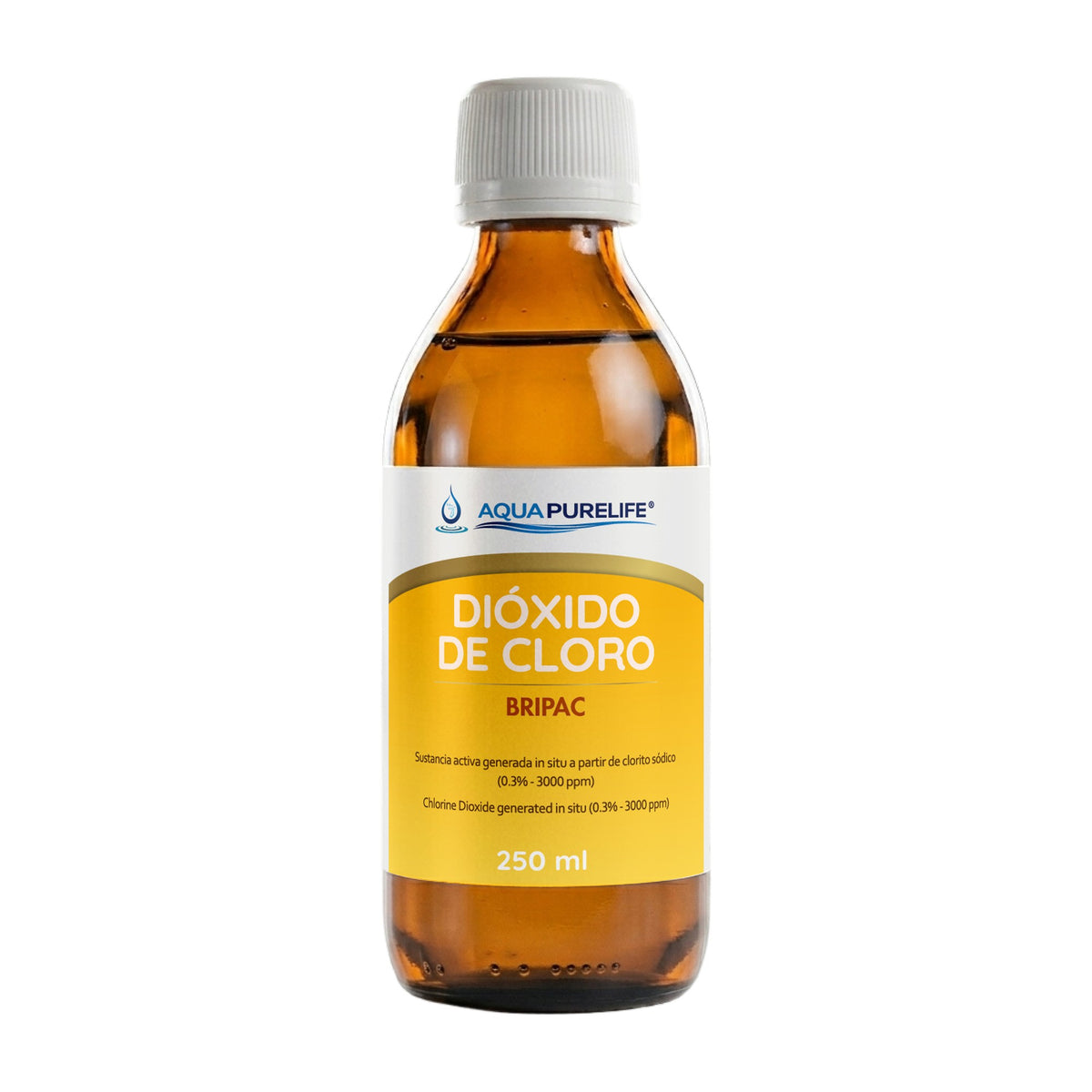 Chlorine dioxide 3000 ppm TP5 biocide in amber glass bottle – Aquapurelife