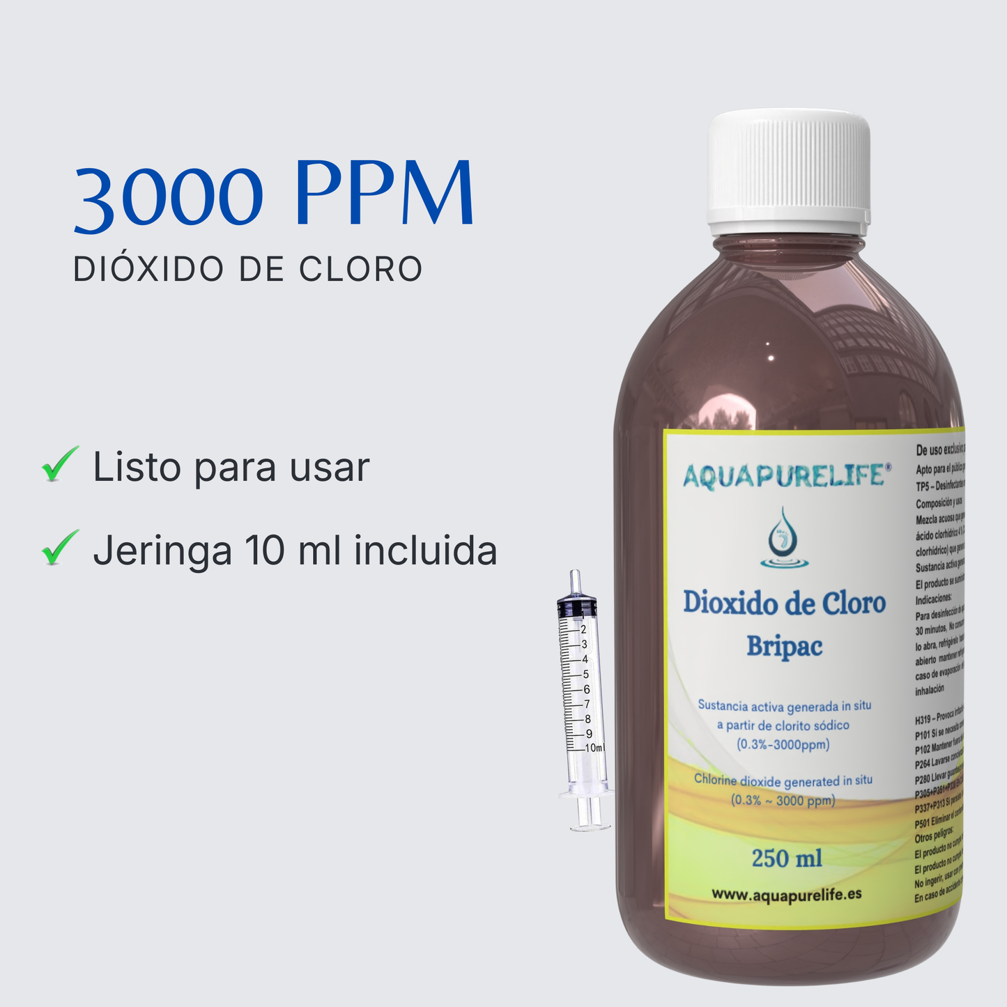Dióxido de cloro 3000 ppm (CDS) Aquapurelife – listo para usar – jeringa incluida