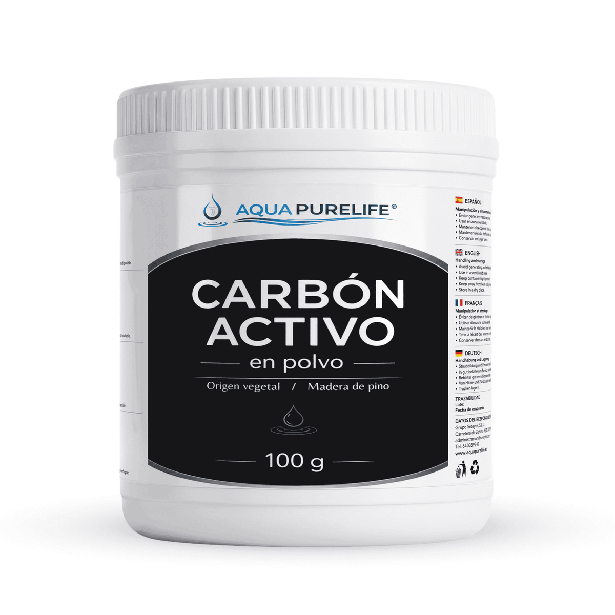 Carbón activado en polvo de origen vegetal en bote de 100 g – Aquapurelife