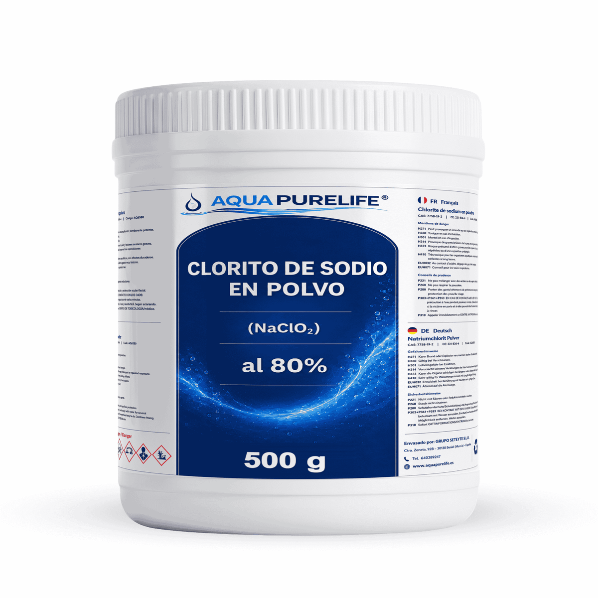 Clorito de sodio en polvo 80 % en bote de 500 g – Aquapurelife