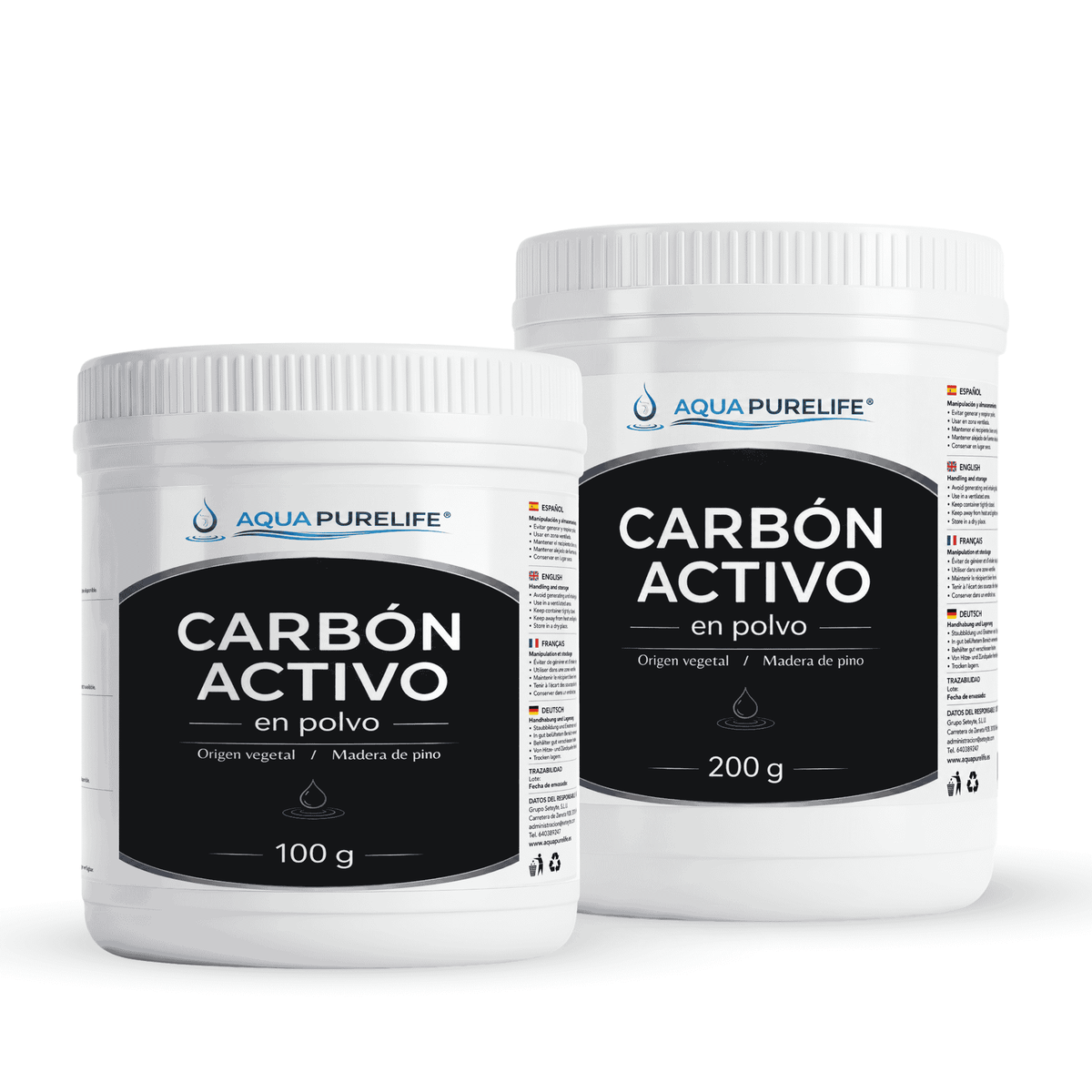 Carbón activado en polvo de origen vegetal en botes de 100 g y 200 g – Aquapurelife