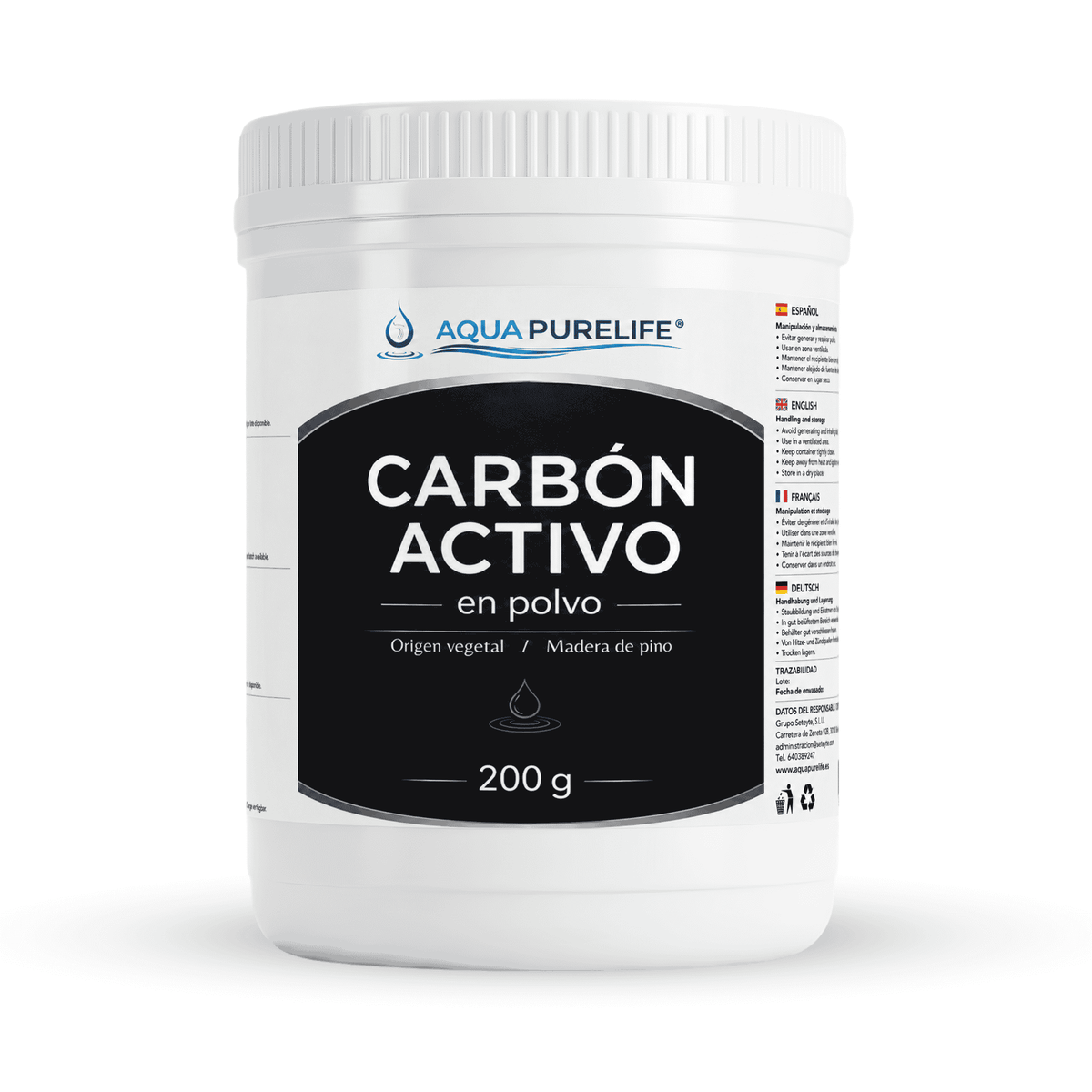 Carbón activado en polvo de origen vegetal en bote de 200 g – Aquapurelife