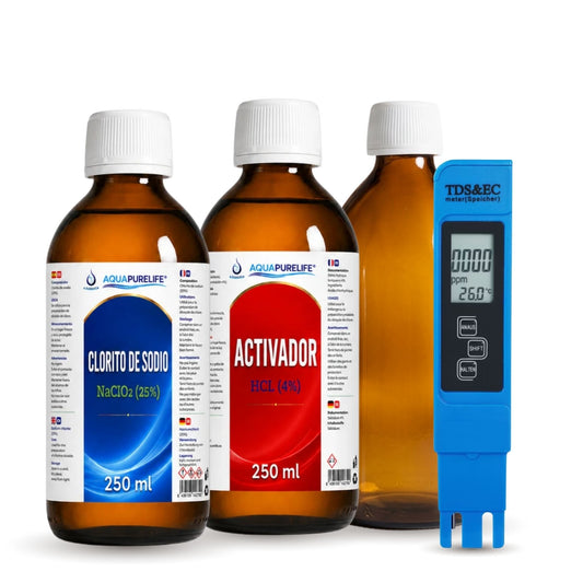 Kit Generación ClO2 Completo: clorito de sodio 25 %, activador HCl 4 %, botella ámbar 250 ml y medidor TDS – Aquapurelife