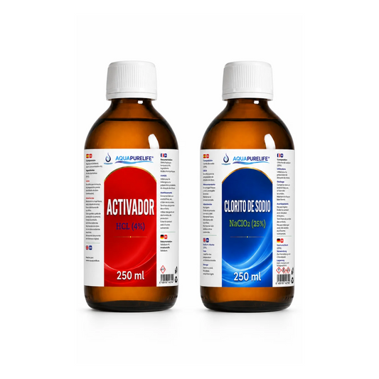 Kit Generación ClO2 Completo: clorito de sodio 25 % y activador HCl 4 % en botellas de vidrio ámbar de 250 ml – Aquapurelife