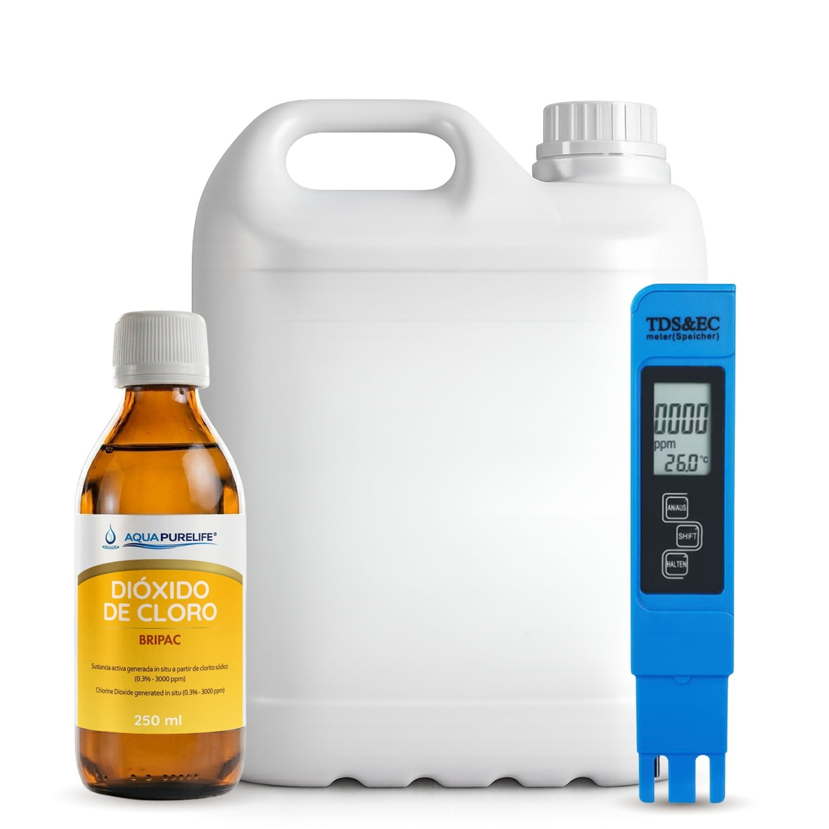 Kit Tratamiento de Agua: dióxido de cloro 3000 ppm en botellas de vidrio ámbar – Aquapurelife